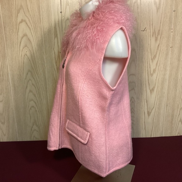 Lisa International Boiled Wool Pink Vest with Faux feather collar womens Size L - Picture 9 of 11